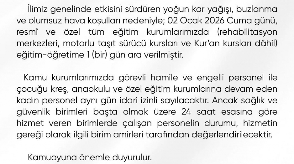 2 Ocak Cuma  günü okullar tatil